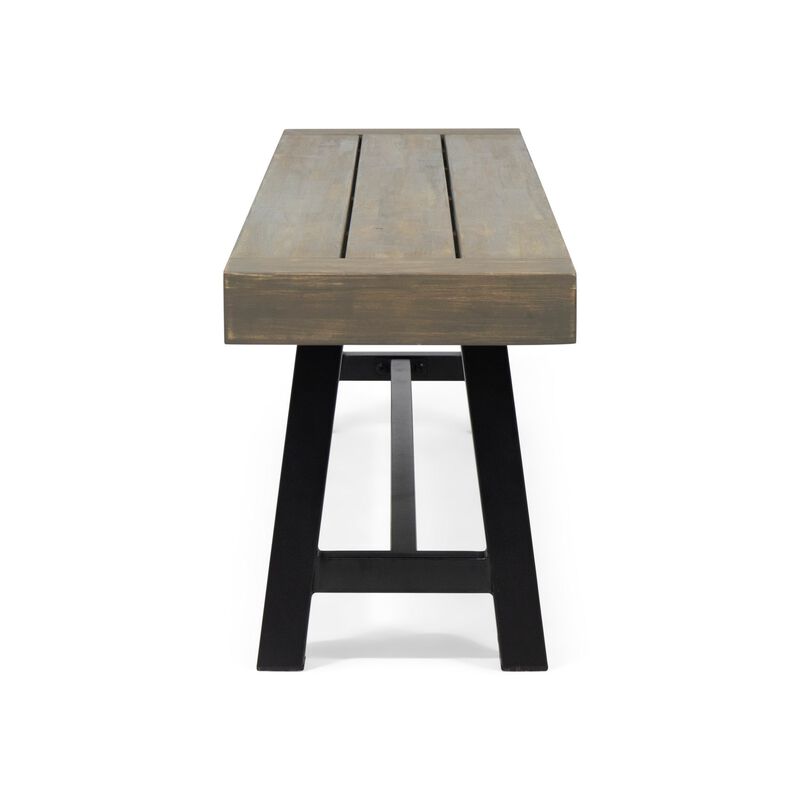 Leslee Outdoor Dining Bench, 74 Inch, Black Trestle Legs, Gray Wood - Benzara