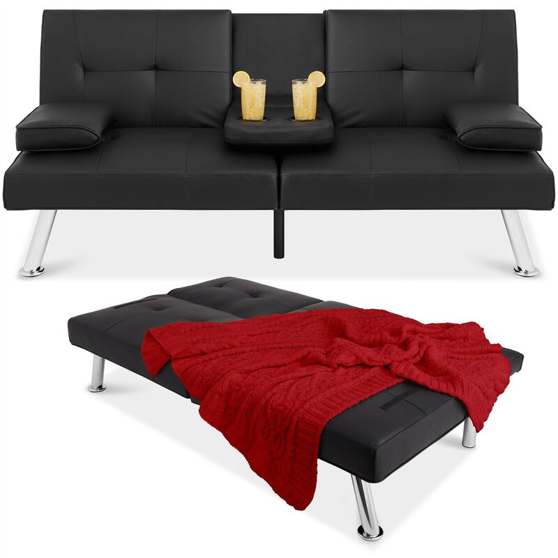 Hivvago Black Faux Leather Convertible Sofa Futon with 2 Cup Holders