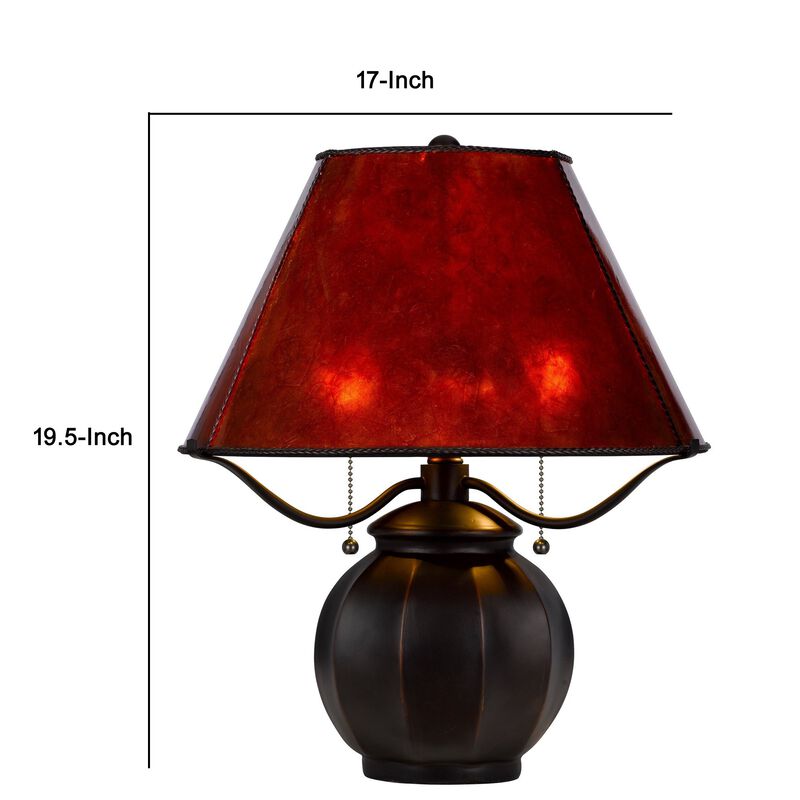 20 Inch Table Lamp, Vintage Red Amber Mica Shade, Upturned Arms, Round Body-Benzara