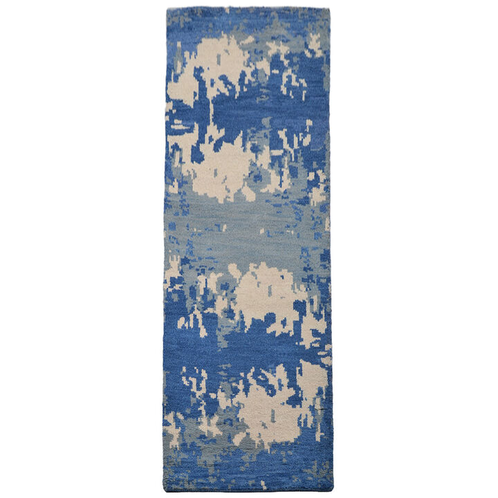 HAND KNOTTED WOOL Abstract AREA RUGS  - 2'6''x10', Runner Shape, Blue Beige Color, Abstract Modern, Medium Pile Handmade Area Rugs for Living Room, Bed Room (N00806)