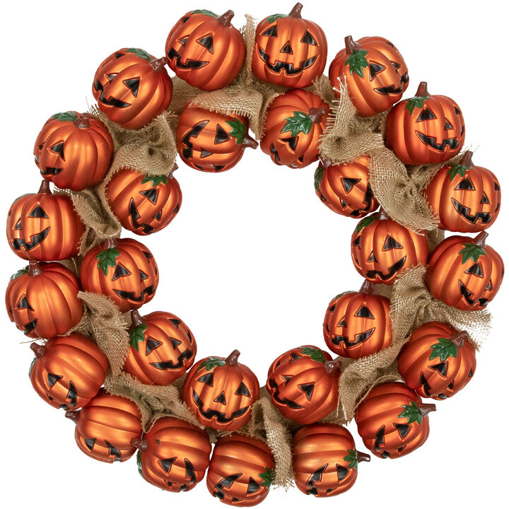 Jack-O-Lantern and Burlap Ribbon Halloween Wreath  20-Inch  Unlit