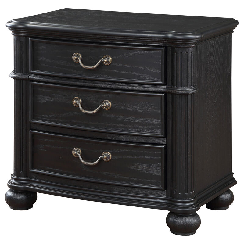 Selena Nightstand, 3 Drawers, Metal Handles in Antique Copper Tone, Black - Benzara