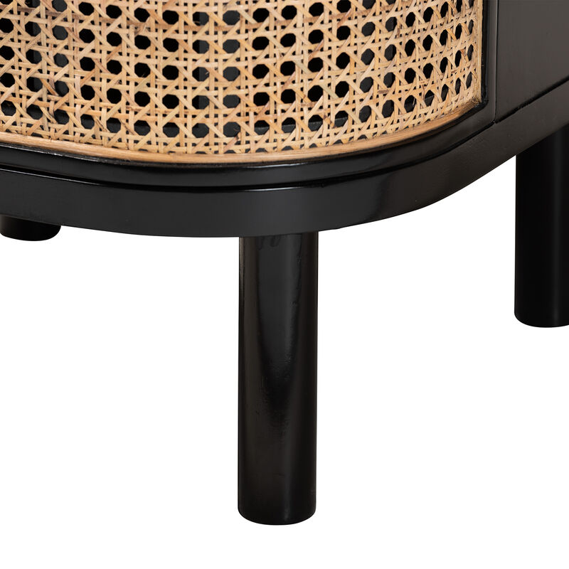Bali & Pari Nabila Modern Black Bayur Wood and Natural Rattan 3-Drawer End Table Nightstand