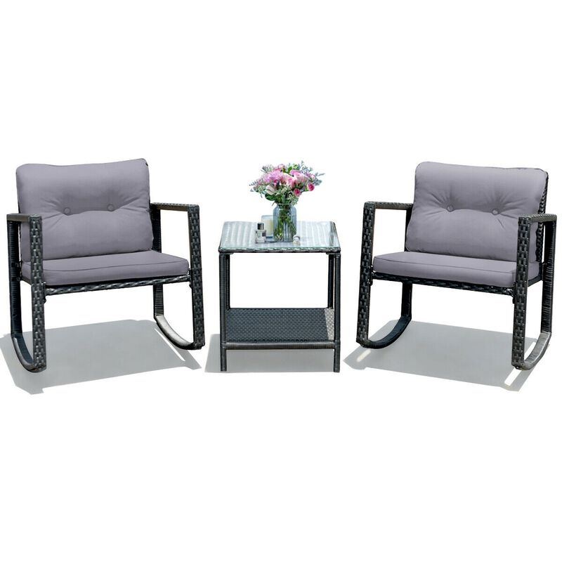 3 Pieces Cushioned Patio Rattan Set with Rocking Chair and Table-Grey