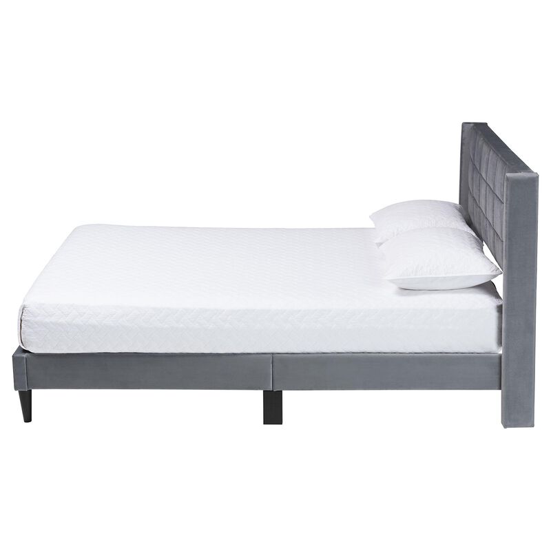 Baxton Studio Payne Modern Glam Navy Blue Velvet and Dark Brown Wood Queen Bed