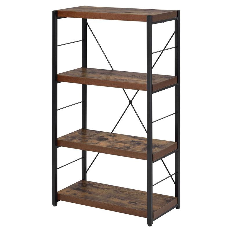4 Tiered Metal Framed Wooden Bookshelf, Weathered Oak Brown and Black-Benzara