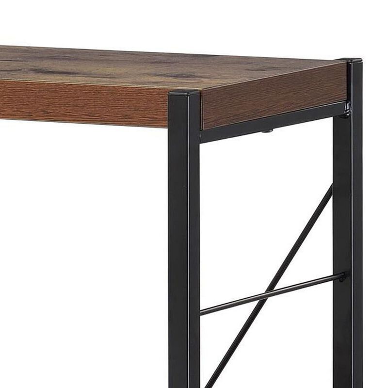 4 Tiered Metal Framed Wooden Bookshelf, Weathered Oak Brown and Black-Benzara