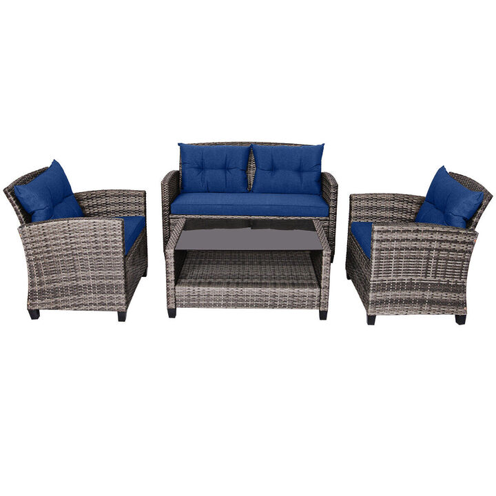 4 Pieces Patio Rattan Furniture Set Coffee Table Cushioned Sofa
