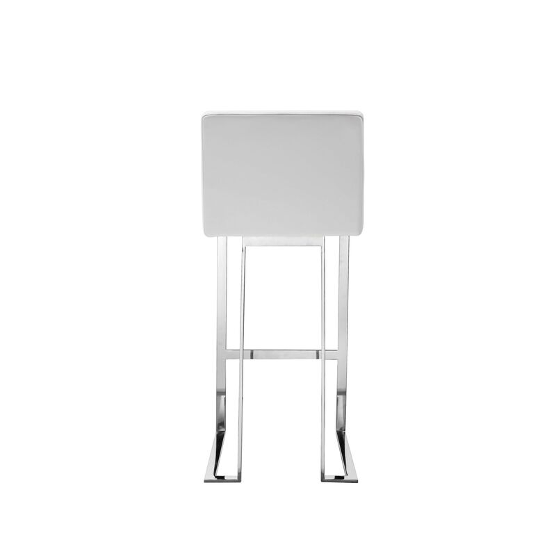 Boly 30 Inch Barstool Chair, White Faux Leather, Cushions, Chrome Steel - Benzara