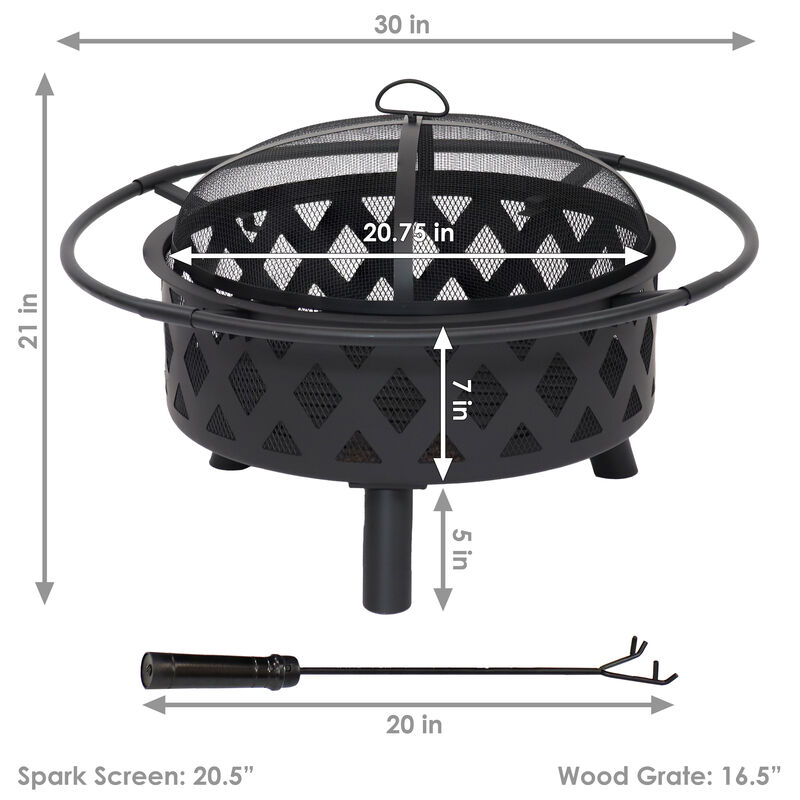 Sunnydaze 30 in Steel Crossweave Fire Pit with Spark Screen - Black