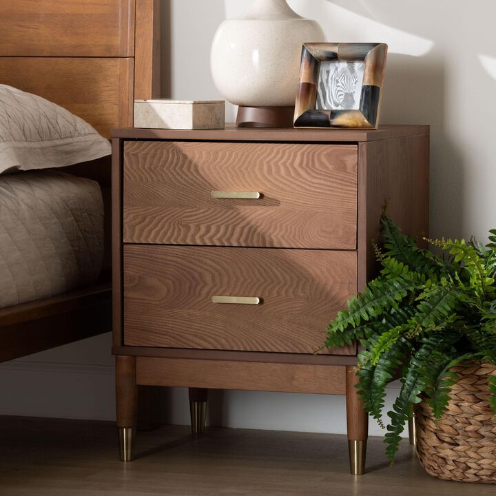 Baxton Studio Mandolin Mid Century Ash Walnut Wood 2 Drawer Nightstand