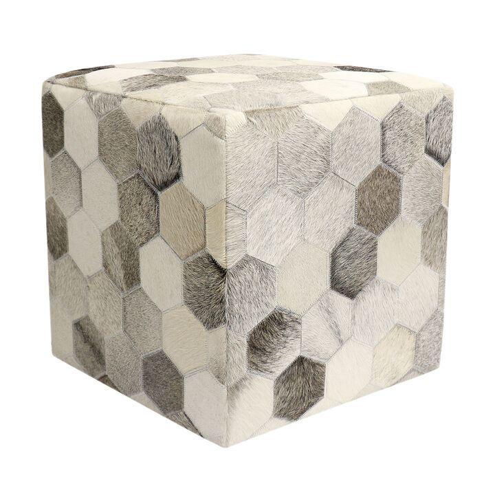 Pasargad Home Galaxy Cowhide Pouf Ottoman, Silver/Grey