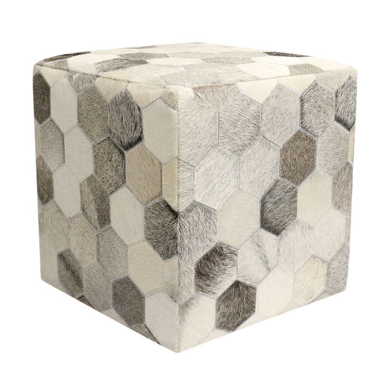 Pasargad Home Galaxy Cowhide Pouf Ottoman, Silver/Grey
