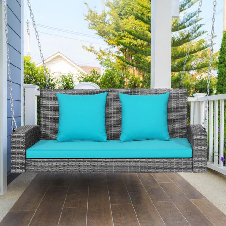 Hivvago 2-Person Patio PE Wicker Hanging Porch Swing Bench Chair Cushion 800 Pounds
