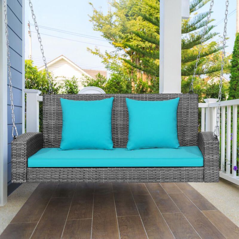 Hivvago 2-Person Patio PE Wicker Hanging Porch Swing Bench Chair Cushion 800 Pounds