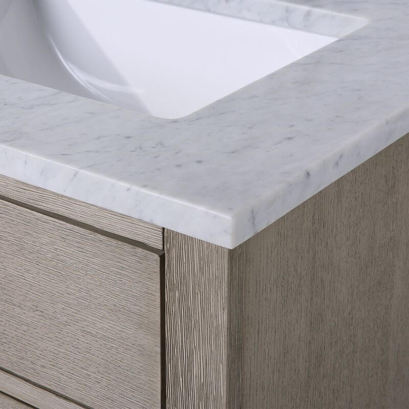 Chestnut 60 In. Double Sink Carrara White Marble Countertop Bath Vanity In Grey Oak with Oil Rubbed Bronze Hardware