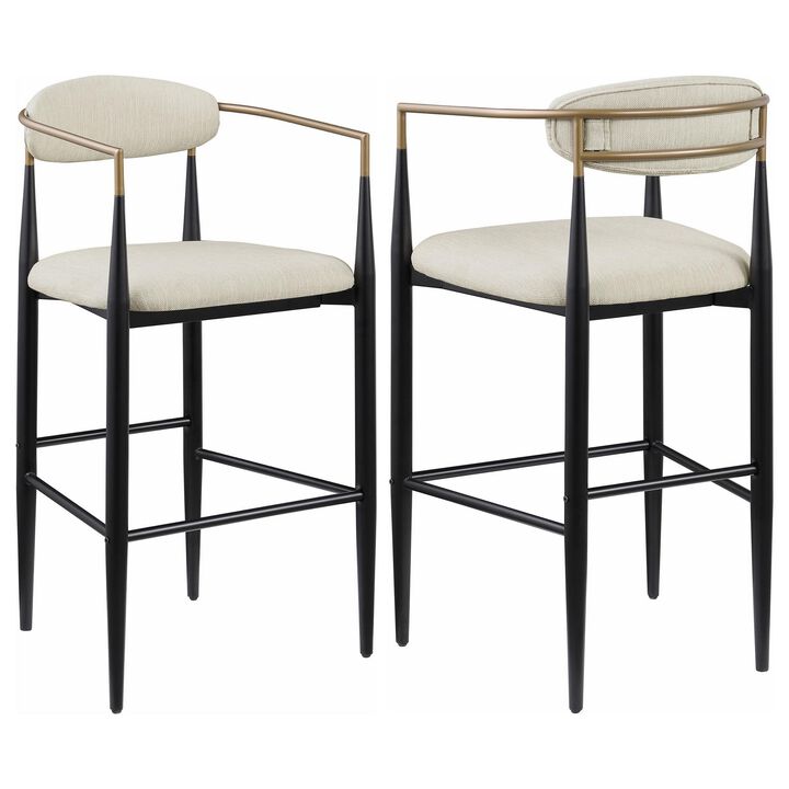 Tiara Bar Chair Set of 2, Beige Fabric, Gold Black Metal 30 Inch - Benzara