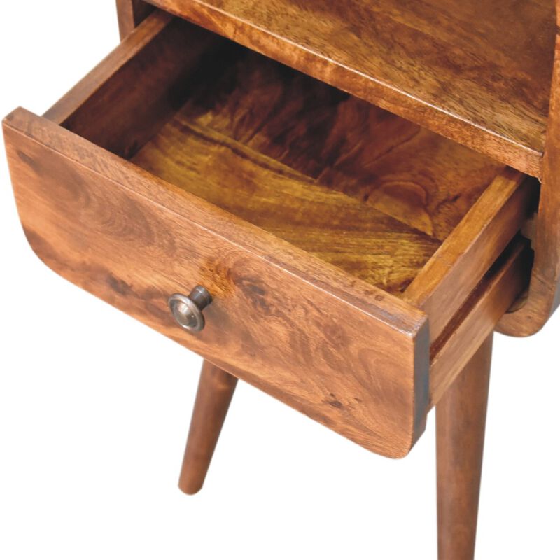 Mini Chestnut Curved 1 Drawer Nightstand  with Open Slot