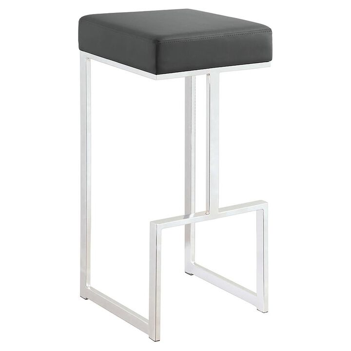 31 Inch Modern Bar Stool, Vegan Faux Leather, Backless, Chrome, Silver - Benzara