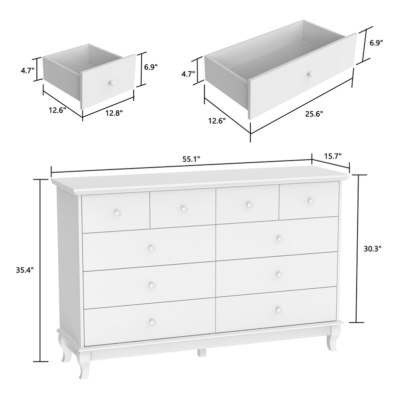 10-Drawers White Wood Chest of Drawer Accent Storage Cabinet Organizer 55.1 in. W x 15.7 in. D x 35.4 in. H