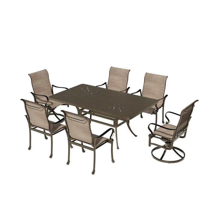 Mondawe 7 Pieces Cast Aluminum Outdoor Patio Dining Set with 2 Swivel Chair & 4 Armchairs & 1 Rectangle Table