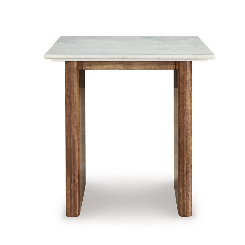 Wrenn Side End Table, Marble Top, 24 Inch Rectangular Brown Mango Wood - Benzara