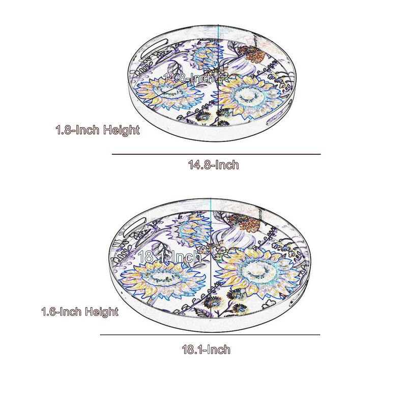 2 Piece Modern Decorative Trays, Round Plastic Frame, Sunflower Motifs  - Benzara