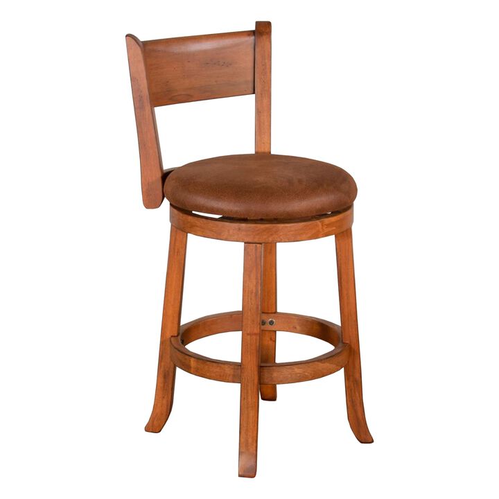 Marv Swivel Counter Height Chair Set of 2, Brown Faux Leather, Wood - Benzara