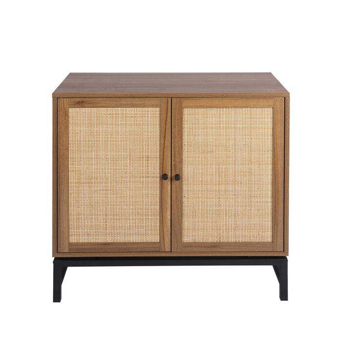 MONDAWE 2 Pieces Double Door Natural Rattan Cabinet with 1 Adjustable Inner Shelves, Accent Storage Cabinet（Set of 2）