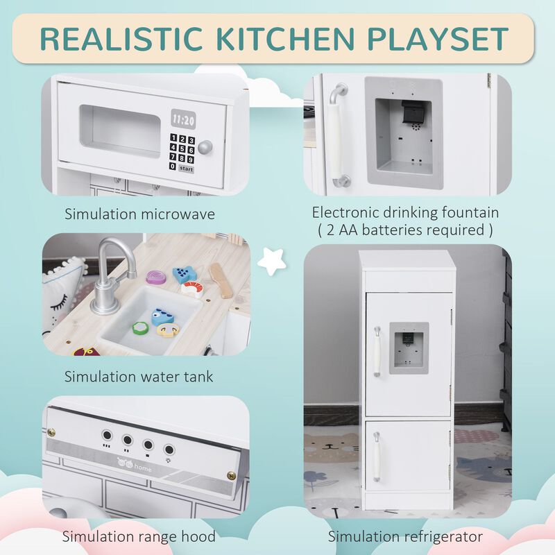 White Play Kitchen: Kids' Set with Fountain, Microwave, and Fridge