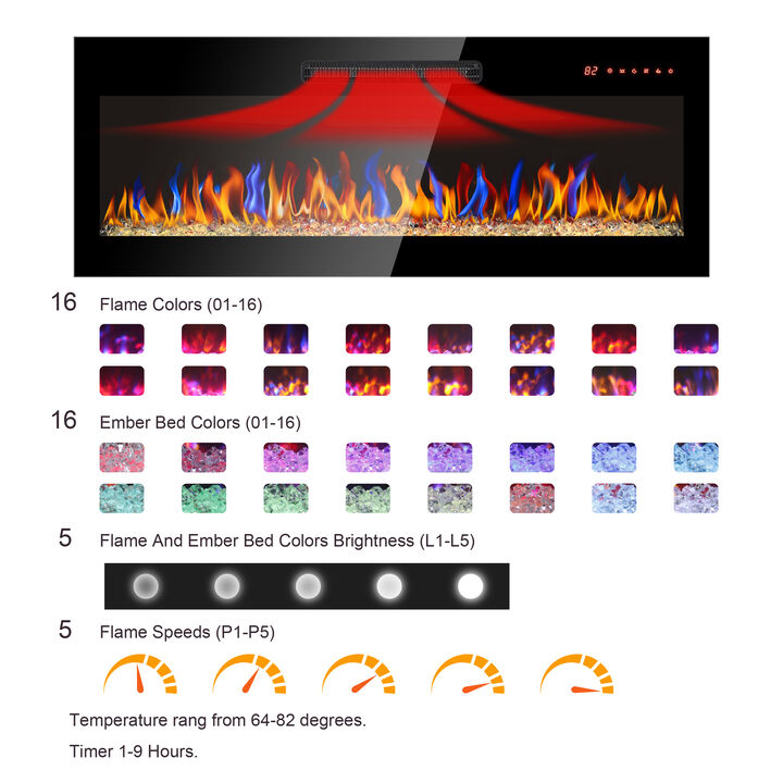 Streamdale 60" Wall-Mounted Electric Fireplace with Remote, LED Light Heater