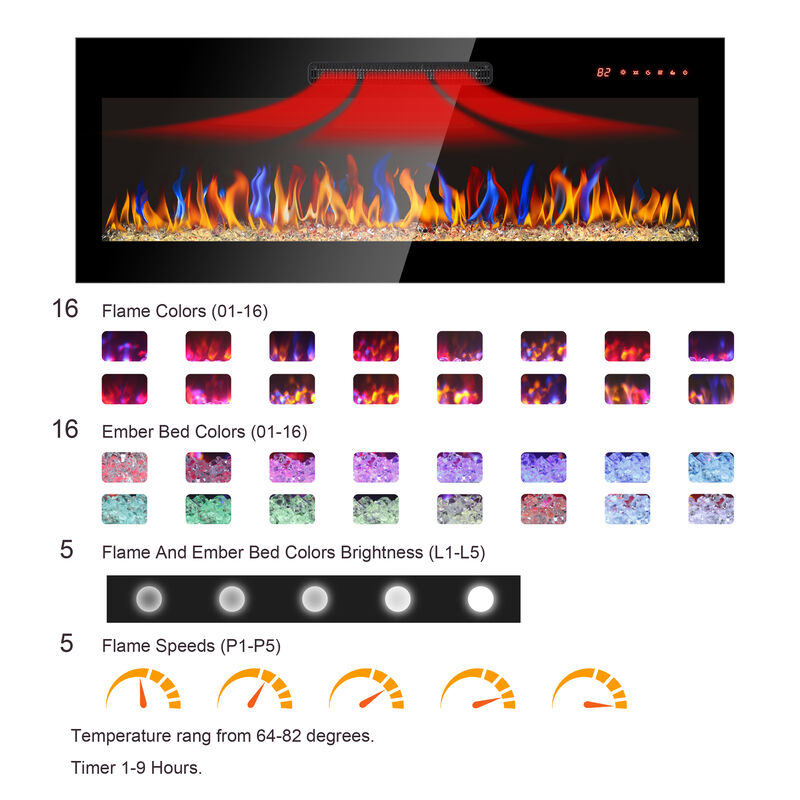 Streamdale 60" Wall-Mounted Electric Fireplace with Remote, LED Light Heater