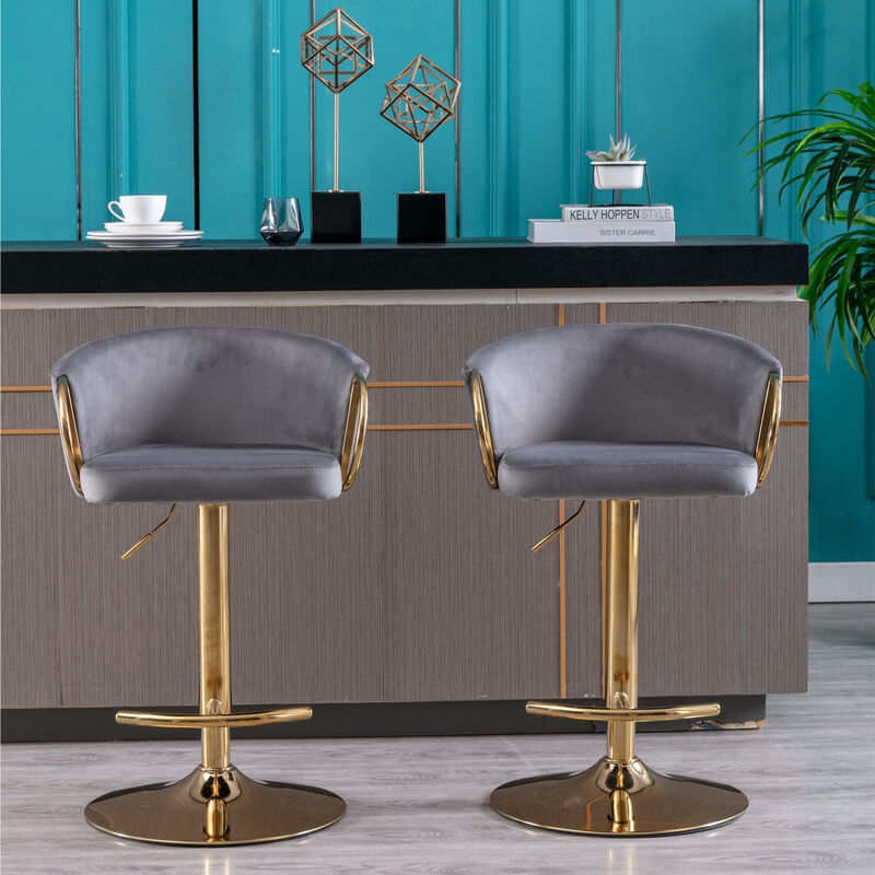 Set of 2 Bar Stools, with Chrome Footrest and Base Swivel Height Adjustable Mechanical Lifting Velvet + Golden Leg Simple Bar Stool-Grey