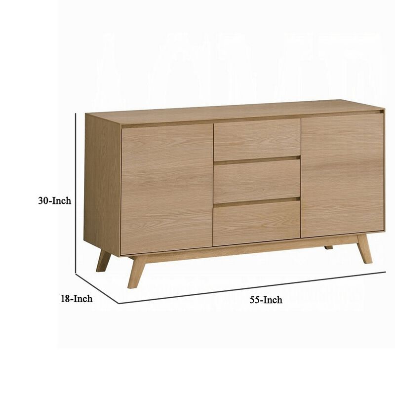 Semi Sideboard Buffet Console, 3 Drawers, 2 Cabinets, Oak Brown Wood - Benzara