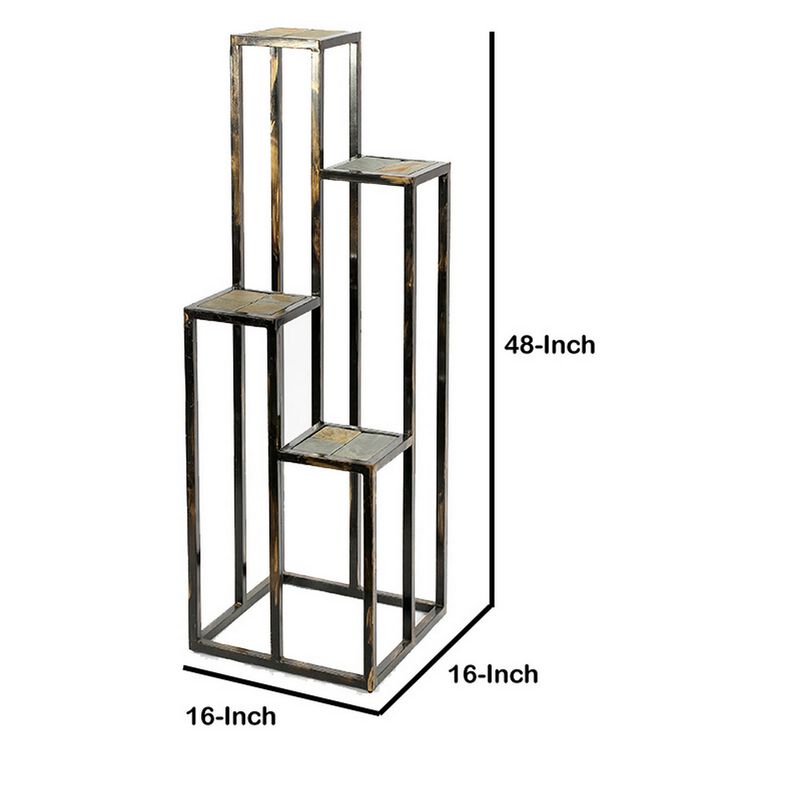 4 Tier Cast Iron Frame Plant Stand with Stone Topping, Black and Gold-Benzara
