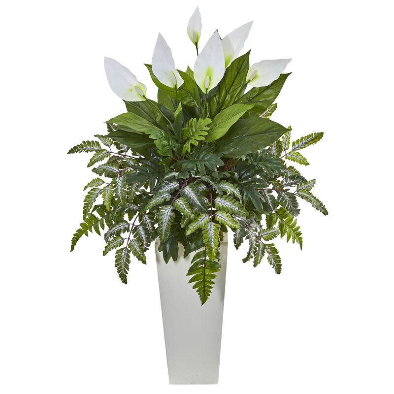 Hivvago Mixed Spathifyllum Artificial Plant in White Tower Vase
