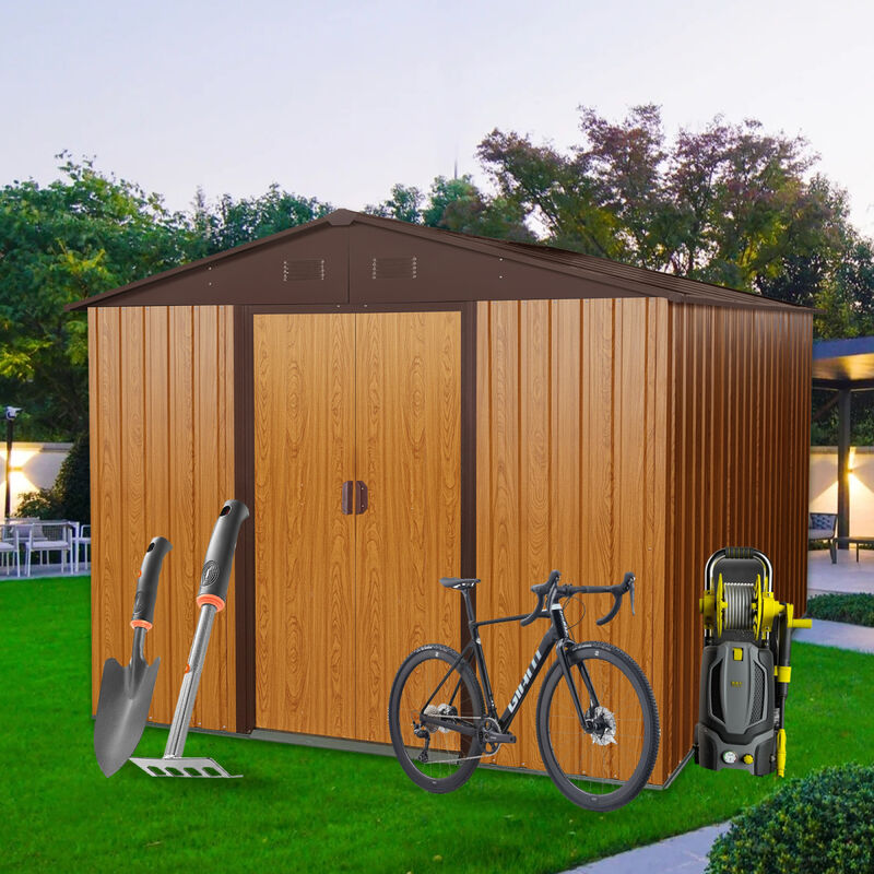 10FT X 8FT Outdoor Metal Storage Shed With Metal Floor Base, Coffee