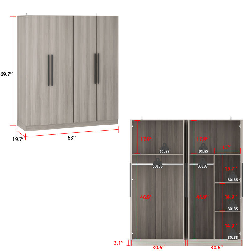 FUFU&GAGA 4-Door White Wardrobe Closet with Ample Storage and Elegant Design (63" W x 19.7" D x 70.9" H ) ,White
