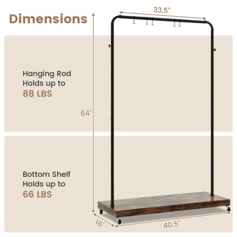 Hivvago Rolling Garment Rack with Hanging Hooks and Bottom Storage Shelf