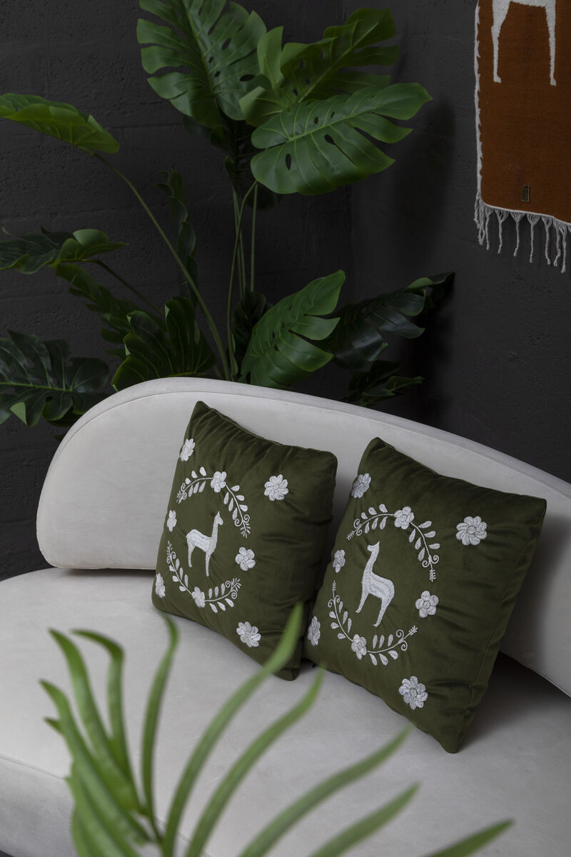 LLAMA Hand Embroidered Decorative Pillows in Olive Green Velvet by ANDEAN, Set of 2, In Stock