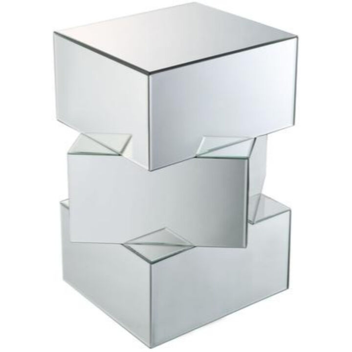 Mirror and Glass End Table with Unique Geometrical Base Design, Silver-Benzara