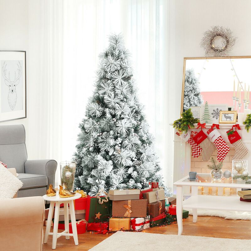 Snow Flocked Christmas Tree with Pine Cone and Red Berries