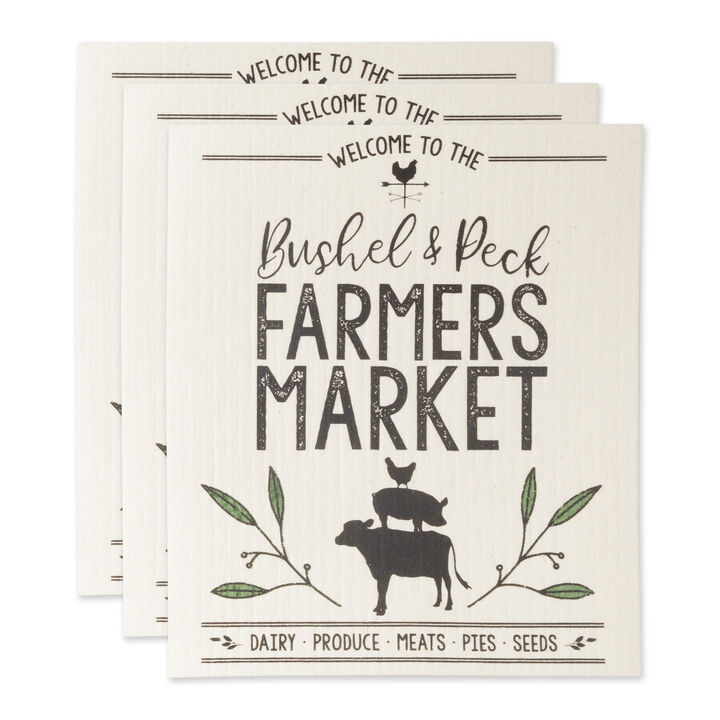 Set of 3 Black and White Farmers Market Swedish Dish Towel  7.75"