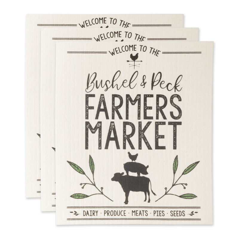 Set of 3 Black and White Farmers Market Swedish Dish Towel  7.75"