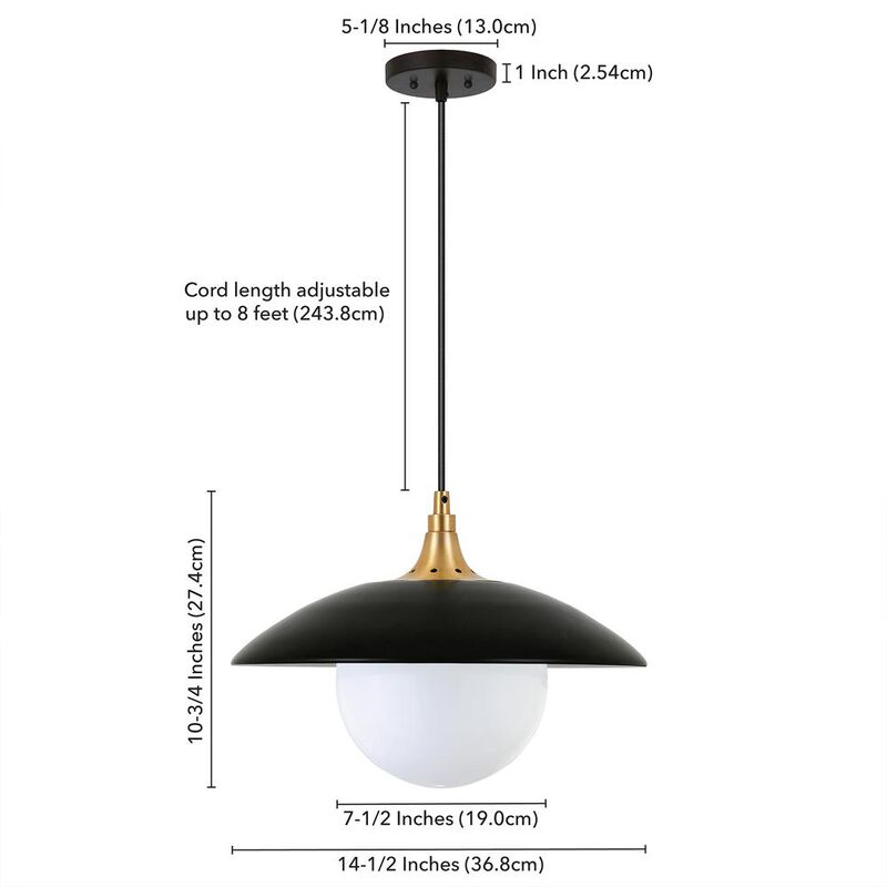 Hudson&Canal Alvia 14.5 Wide Pendant with Metal/Glass Shade in Matte Black/Brass/White