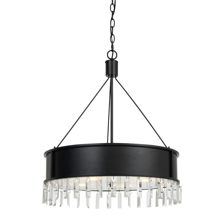 4 Bulb Round Metal Body Chandelier with Hanging Crystal Accents, Black-Benzara