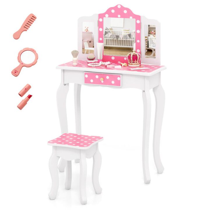 Hivvago Princess Pretend Play Makeup Dressing Table with Cute Polka Dot Print-Pink