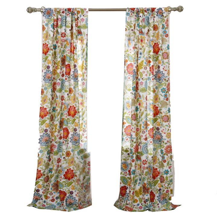 84 Inch Window Panel Curtain, Red and Blue Flowers, Polyester, Back Ties - Benzara