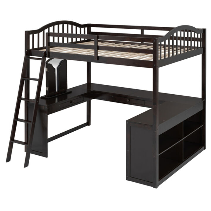 Wooden Loft Bed with U-Shaped Desk, Storage Compartments, and Tri-Fold Mirror