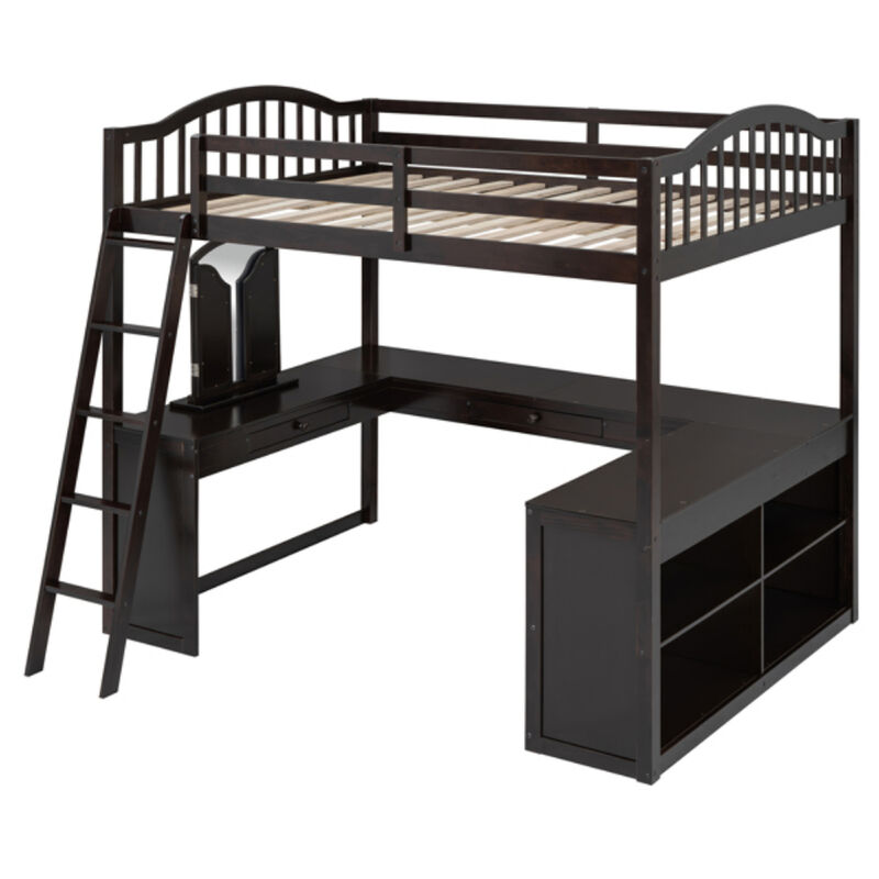 Wooden Loft Bed with U-Shaped Desk, Storage Compartments, and Tri-Fold Mirror